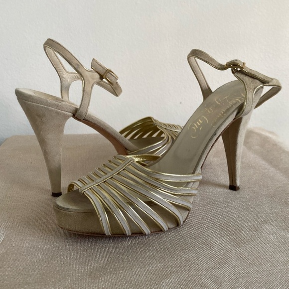 Alejandro Ingelmo Strappy Stiletto Heels Suede Cream Gold 39 - Picture 2 of 11